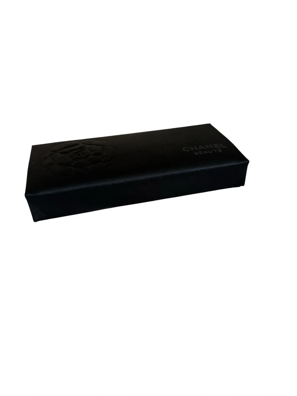 CHANEL Black Camellia Embossed Satin Box Clutch